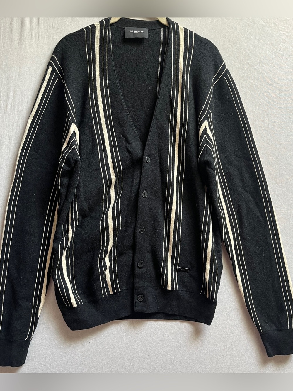 The Kooples Black and Cream Striped V-Neck Wool Blend Cardigan Size M